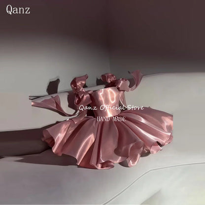 Qanz Pink Satin Prom Dresses Strapless Bow Satraps Short Birthday Dress Woman Sexy Lace Up Back платье на выпускной Customized