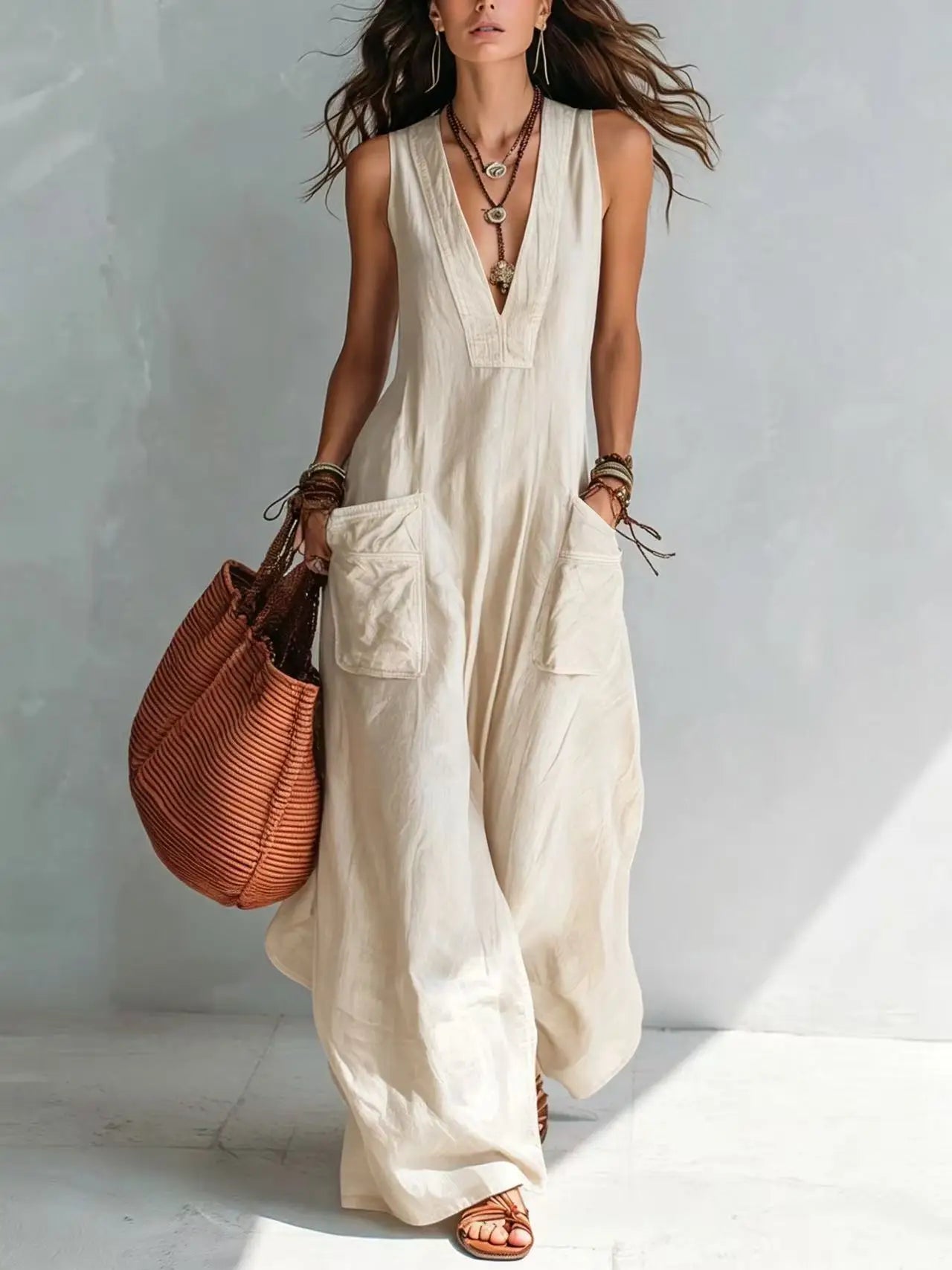 Summer Sleeveless Cotton Linen Jumpsuit Women V Neck Loose Wide Leg Pants Double Pocket Jumpsuit Casual Commuting Bodysuits