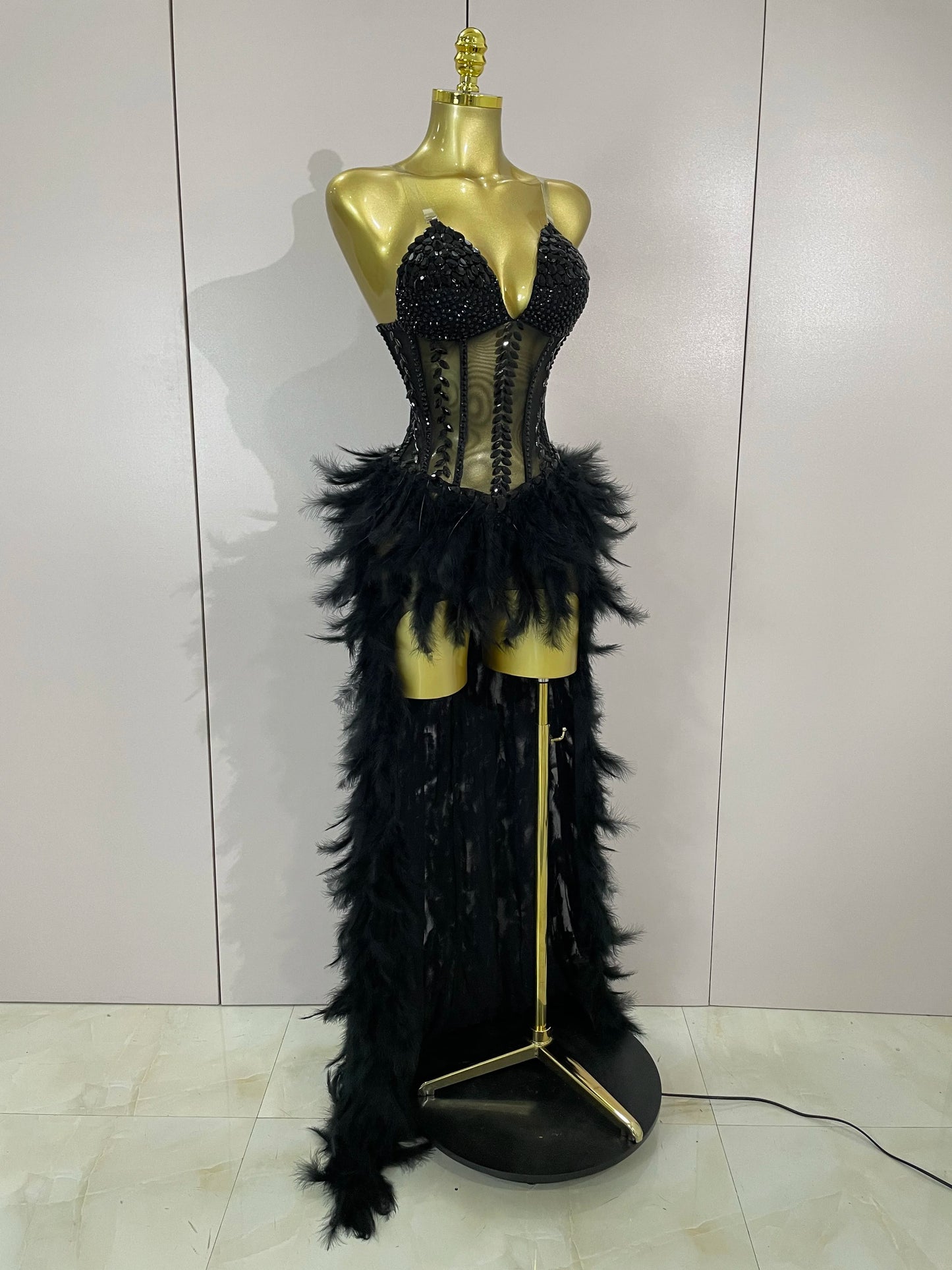 Luxury Sparkly Rhinestones Feathers Long Tail Dress Sexy Mesh Transparent Stage Bodysuit Evening Party Celebrate Birthday Dress
