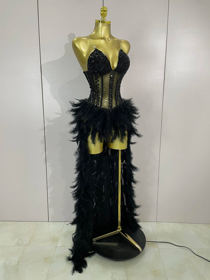 Sparkly Rhinestones Feathers Long Tail Bodysuits Sexy Mesh Transparent Stage Dress Evening Party Celebrate Luxury Birthday Dress