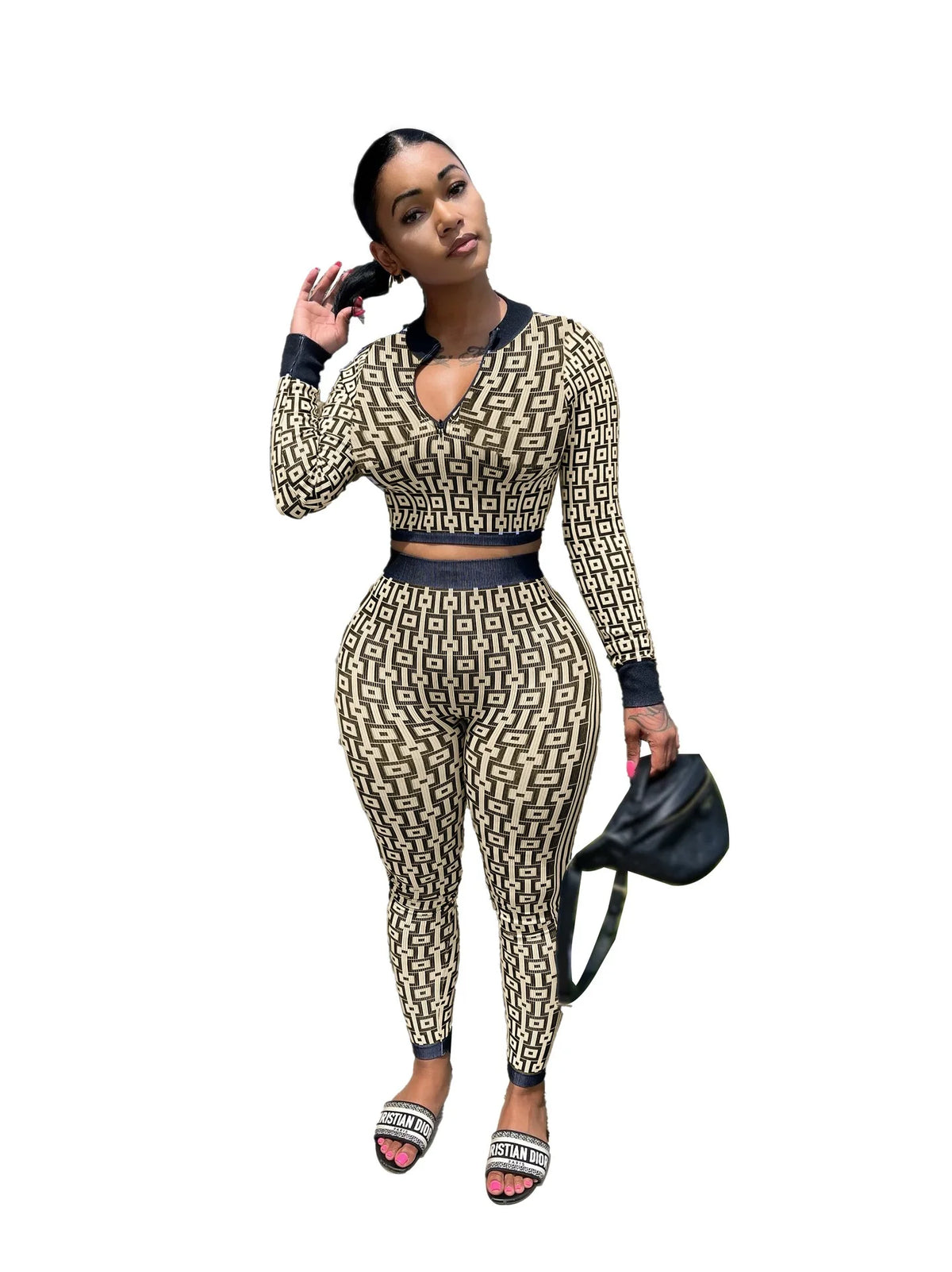 Pant Set Women Two Piece Sets V Neck Full Sleeve Sexy Tops Print Long Pants Elastic Waist Y2k Streetwear Elegant Sheath Slim Fit