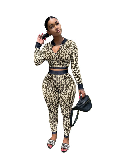 Pant Set Women Two Piece Sets V Neck Full Sleeve Sexy Tops Print Long Pants Elastic Waist Y2k Streetwear Elegant Sheath Slim Fit