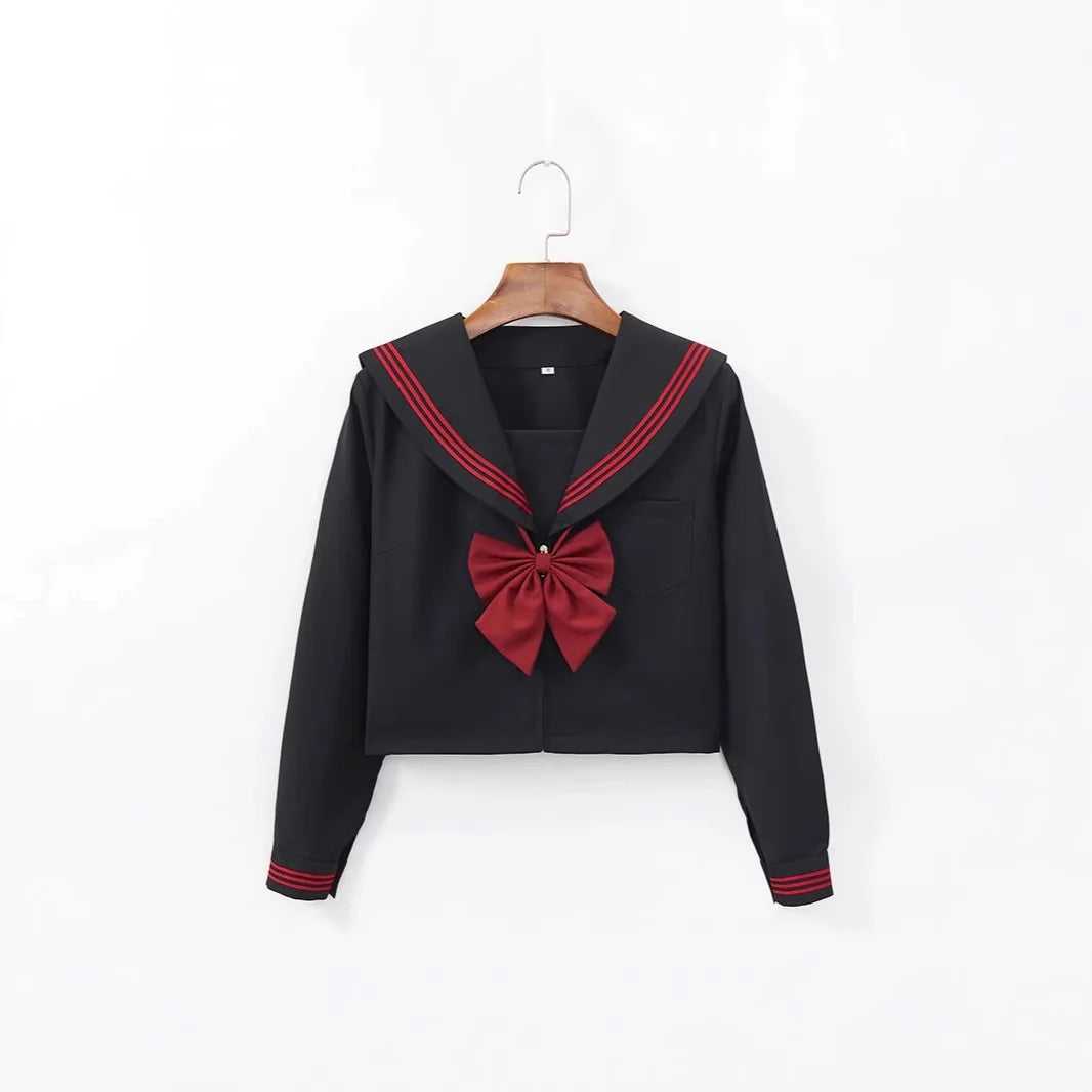 Black Japanese School Uniform Set with Long Sleeves Sailor Suit Soft Sister Skirt Floral Pattern Student Outfit