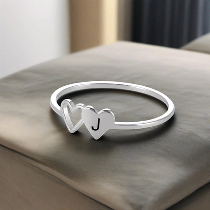 COOLTIME Initial Letter Ring for Women Stainless Steel A-Z Alphabet Double Heart Rings Simple Wedding Cheap Gift For Lover