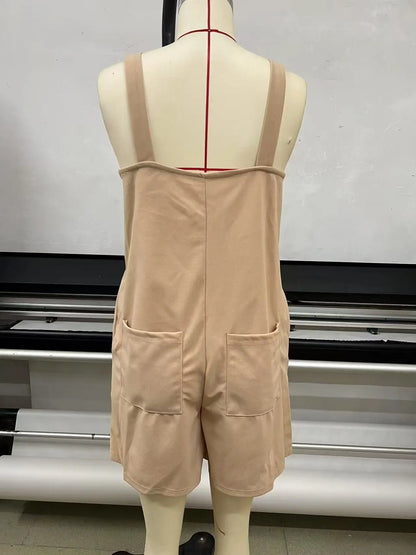 Women Sleeveless Strap Short Romper Heart Neck Pleated Wide Leg Jumpsuit With Pockets Loose Summer Casual Beach Vacation Outfit