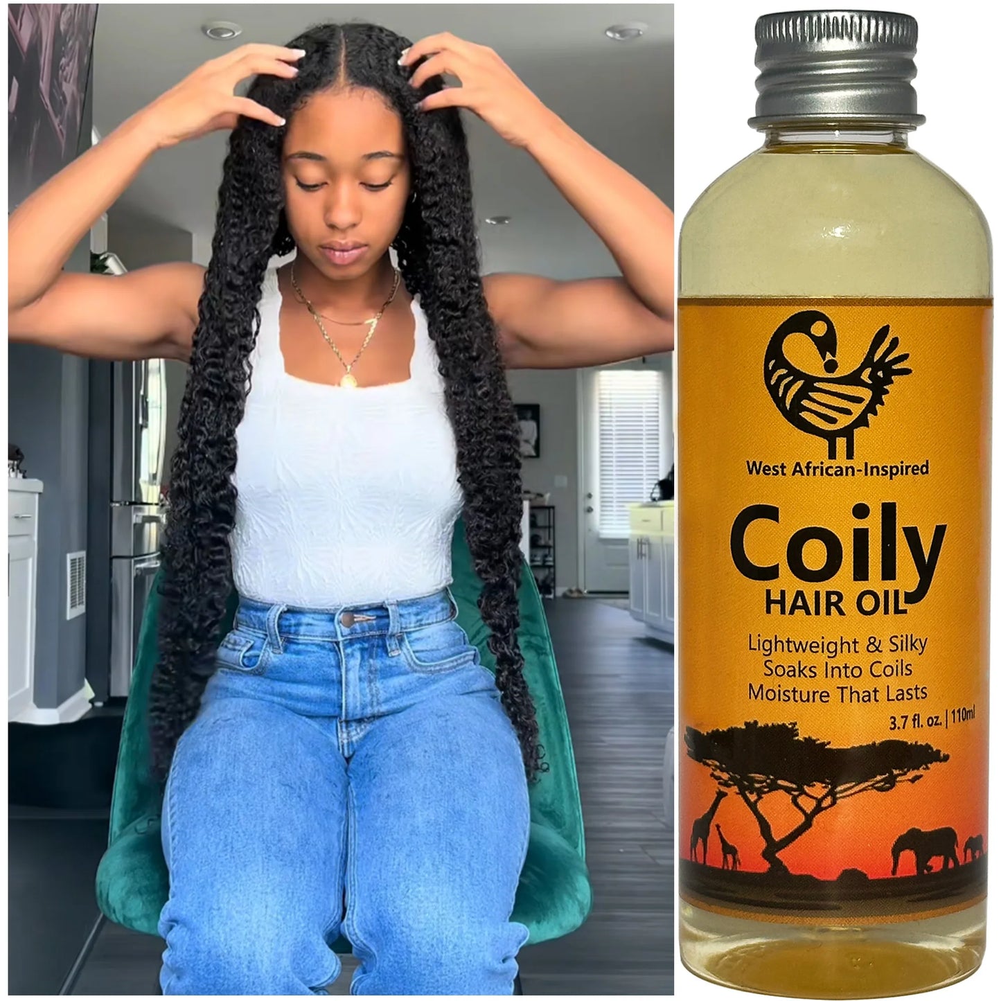 110ml West African-Inspired Coily Hair Oil with Rosemary & Castor, Lightweight & Silky, Soaks into Coils, Moisture That Lasts