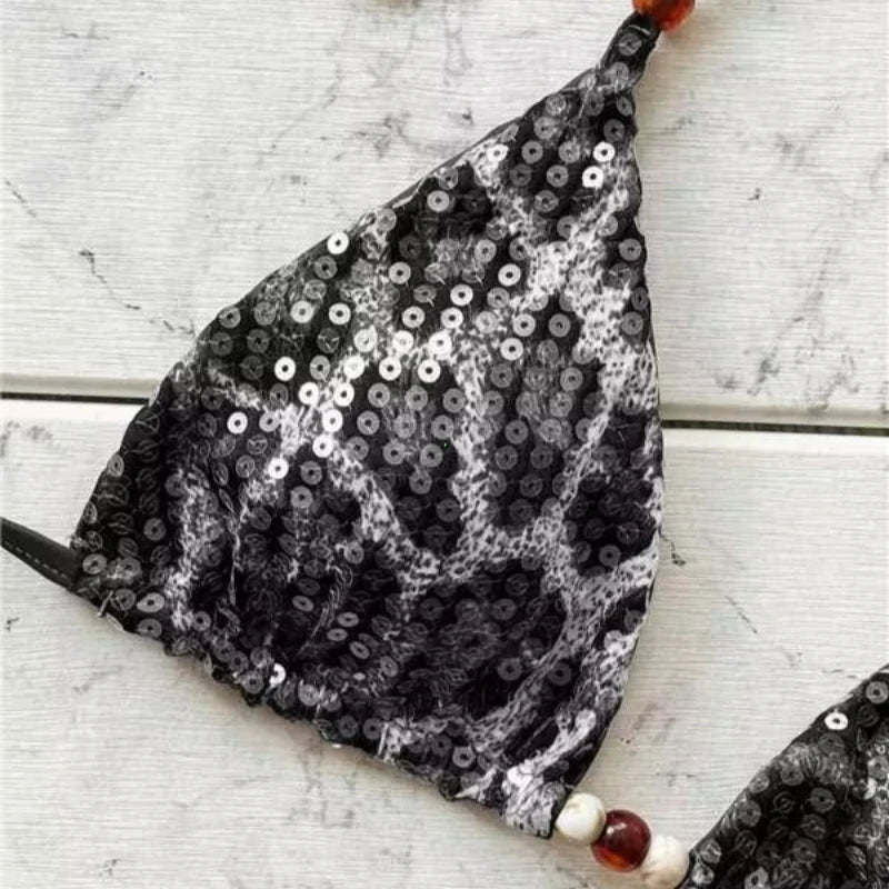 2026 Leopard Sequins Halter Strappy Bikini Women Swimwear Female Swimsuit Two-pieces Bikini Set Bather Bathing Suit Swim Lady