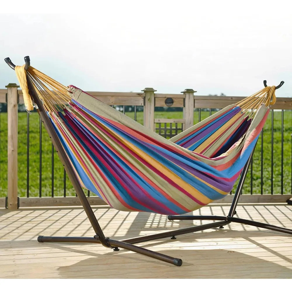 Double Cotton Hammock with Steel Stand, 450 lb Capacity, Portable with Carry Bag