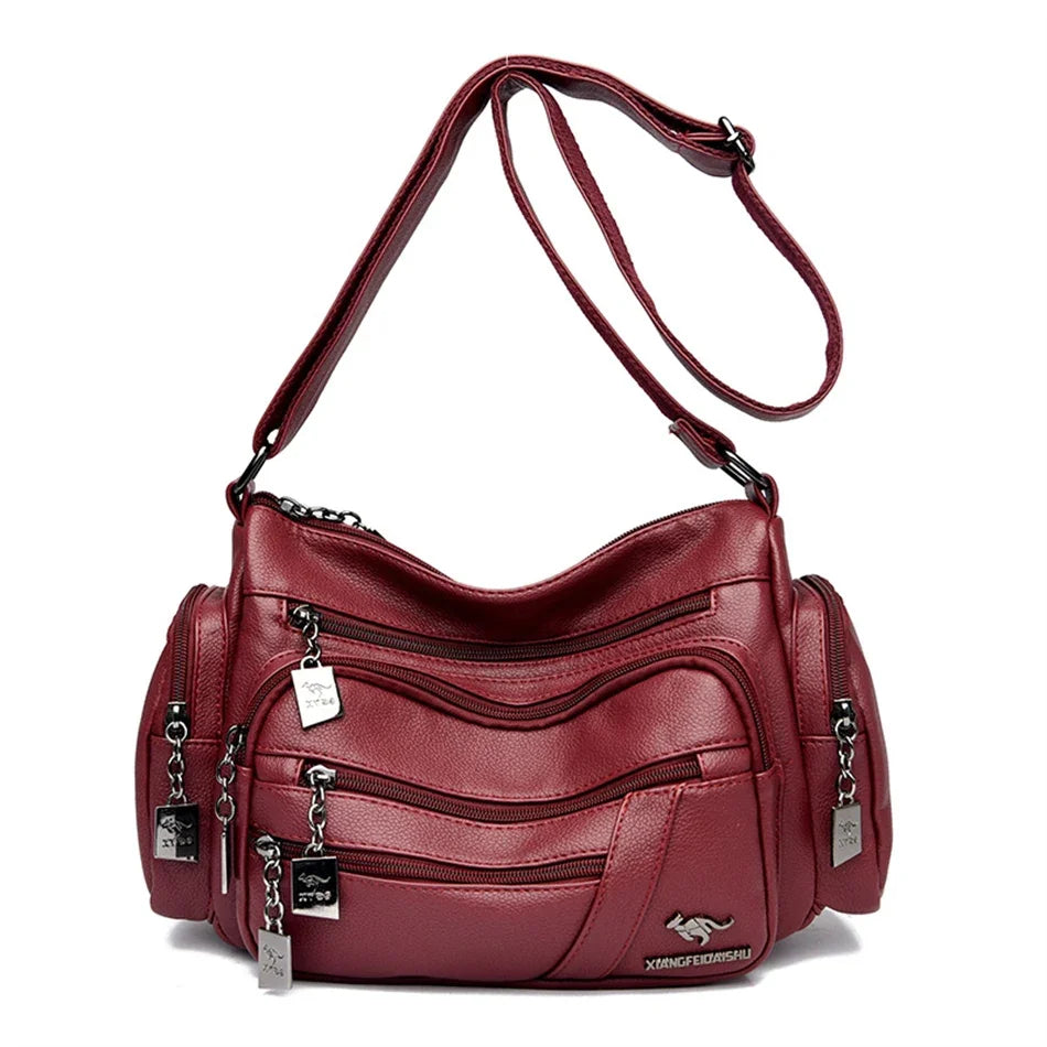 Many Pockets Women Leather Top-handle Bag Luxury Designer Female Shoulder Messenger Shopper Bags Brand Ladies Crossbody Handbags