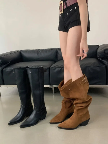 Eilyken Designer Belt Buckle Pointed Toe Women Knee-High Boots Fashion Winter Zipper Square Low Heels Female Shoes