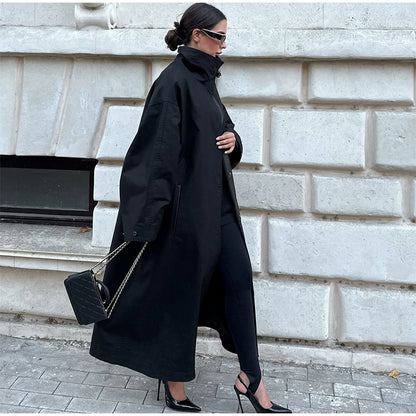 Women Black Long Solid Color Trench Coat Stand Collar Loose Drop Shoulder Single-breasted Windbreaker Lady Commute Outing Wear