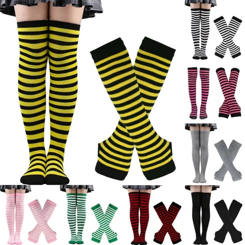 Long Over Above Knee Socks Womens mittens Arm Sleeve Gloves Set Striped Thigh High Stockings Ladies Girl Pink Black White Lolita