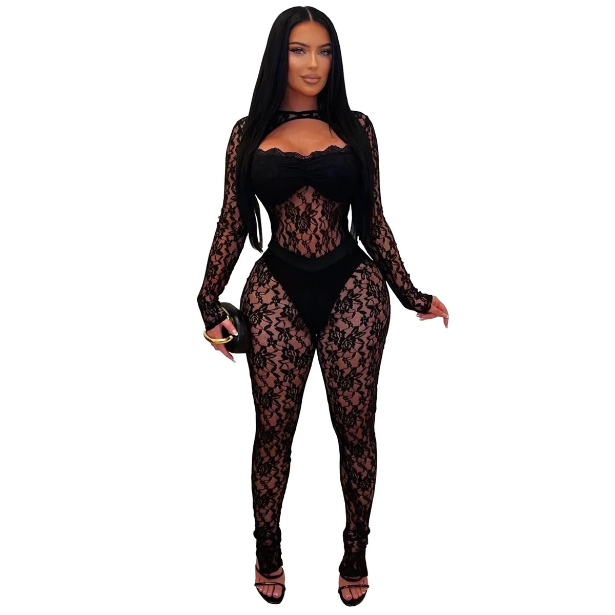 FLARORA Sexy Lace Hollow See Through Jumpsuits Woman O Neck Full Sleeve Peach Hip Slim Jumpsuit Midnight Party Clubwear Overalls