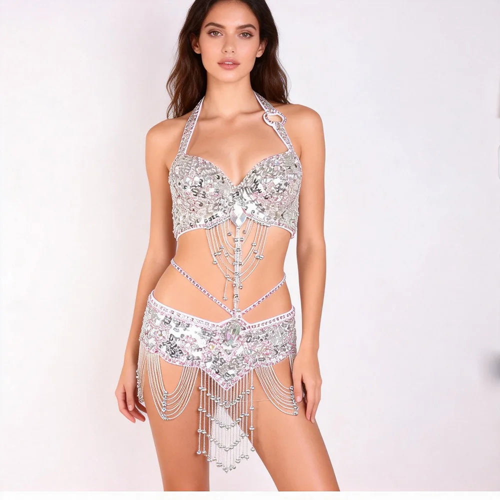 THEEPER Women Belly Dance Costume 2Pcs Set, Hand Beaded Halter Bra Adjustable Waist Belt Rhinestone Tassel Oriental Dance Outfit
