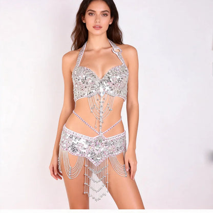 THEEPER Women Belly Dance Costume 2Pcs Set, Hand Beaded Halter Bra Adjustable Waist Belt Rhinestone Tassel Oriental Dance Outfit