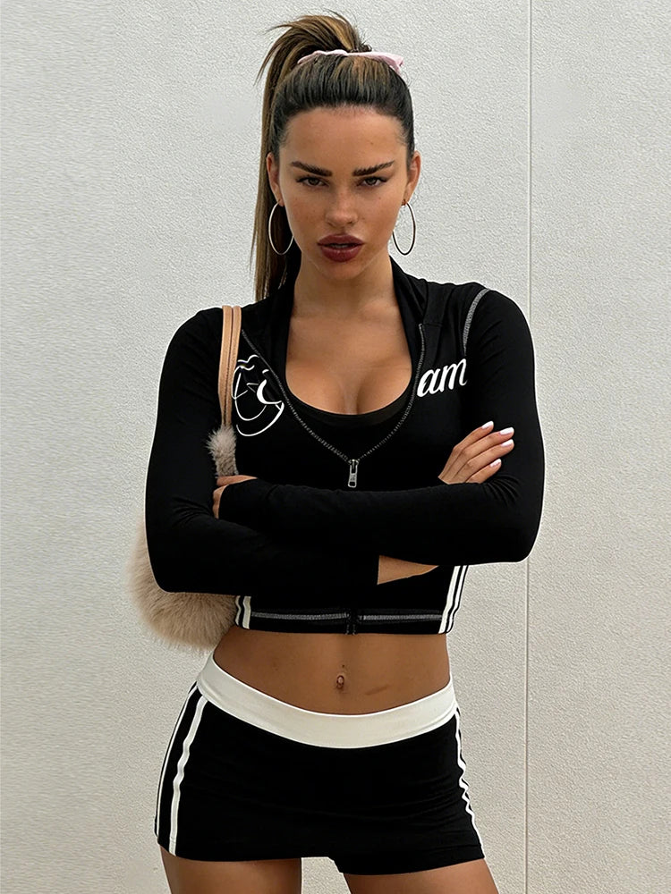 Kliou Casual Sporty 2 Piece Set Woman Letter Print Zip Cardigan Full Sleeve Hooded Jacket+Contrast Patchwork Shorts Simple Suits