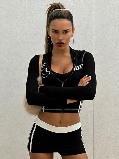 Kliou Casual Sporty 2 Piece Set Woman Letter Print Zip Cardigan Full Sleeve Hooded Jacket+Contrast Patchwork Shorts Simple Suits