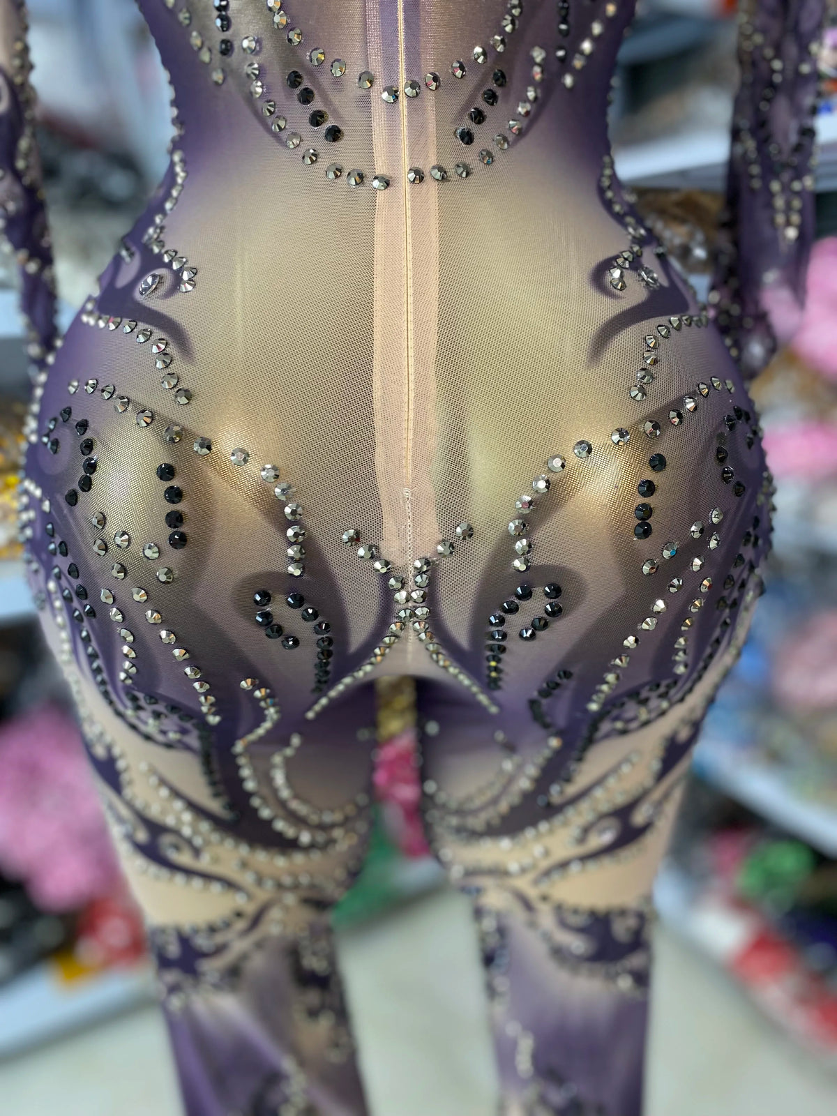 Sparkly Rhinestones Printed Mesh Bodycon Green Jumpsuits With Sleeves See Through Masquerade Costume Dress Night Club DJ Gogo