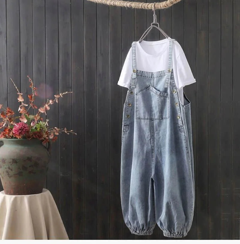 Denim Jumpsuits for Women Oversized Playsuit Denim Pants Loose High Waist Trousers Overalls for Women Clothes One-pieces XT1586