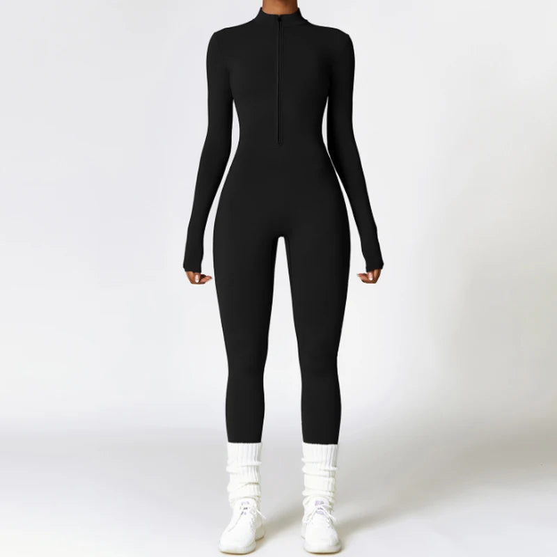 Warm Thin Fleece Jumpsuits Women's Tracksuit Winter One-Piece Sports Suit Black Fitness Jumpsuit Long Sleeves Workout Bodysuit
