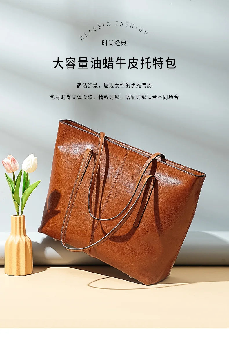 Luxury Women Leather Tote Bag Top Layer Cowhide Large Capacity Fashionable Handbag Brand Designer Shoulder Bag 2025 New Handbag