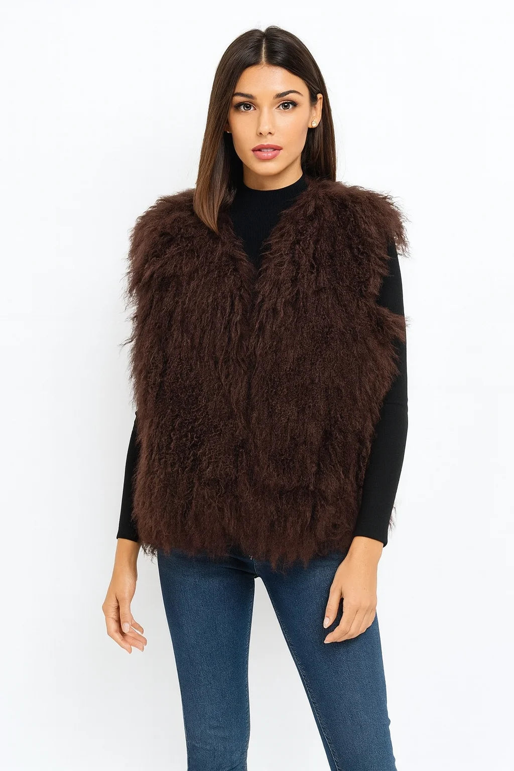 Lady Real Mongolian Sheep Fur Vest Thick Warm Winter Sleeveless Jacket Length 62 cm 250801