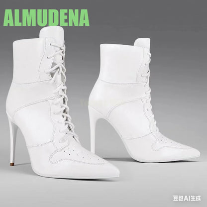 Front Lace Up Sports Style Short Boots Stylish  Sexy Pointed White Leather Patchwork Design British Style Slim High Heels