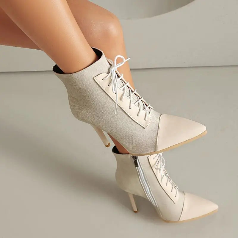 ANOVISHANA Elegant Fmeale Ankle Boots Pointed Toe 11cm Thin High Heels Zipper Lace Up Mixed Color Large Size 40 41 Short Autumn