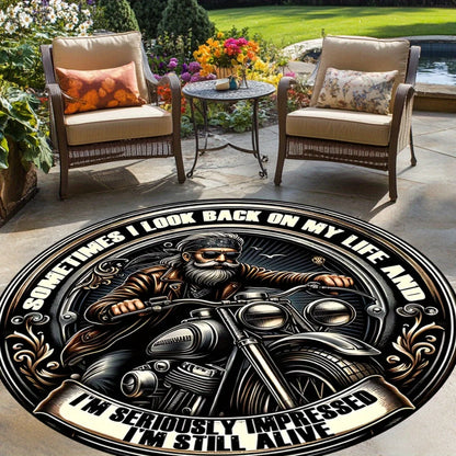 Biker Quote Print Flannel Round Rug Motorcycle Art Design Cool Man Theme Decor Soft Floor Mat For Garage Patio Outdoor