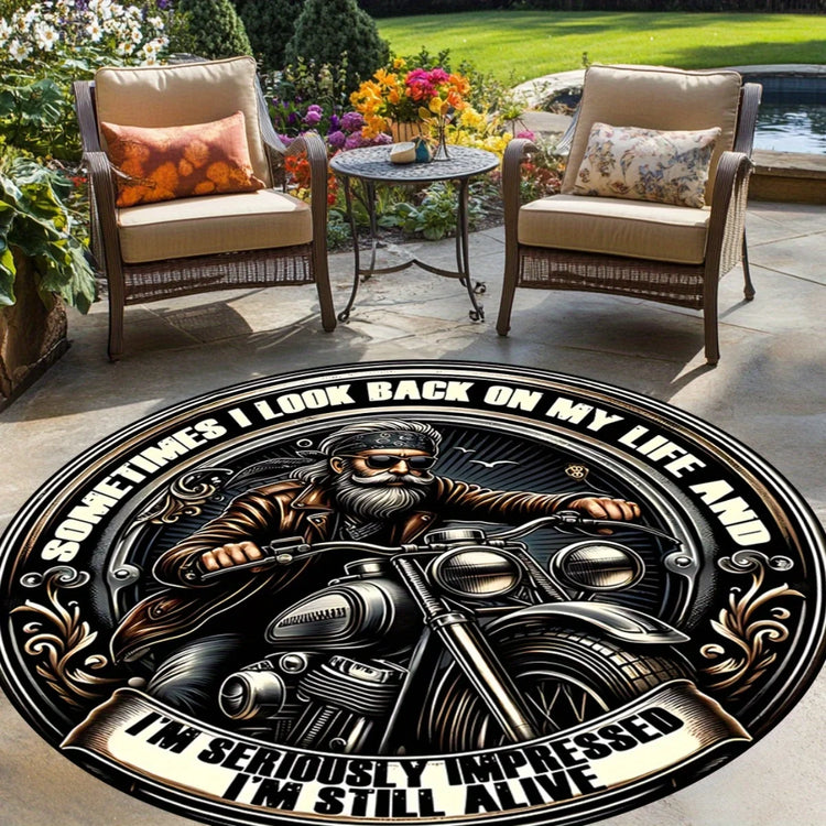 Biker Quote Print Flannel Round Rug Motorcycle Art Design Cool Man Theme Decor Soft Floor Mat For Garage Patio Outdoor