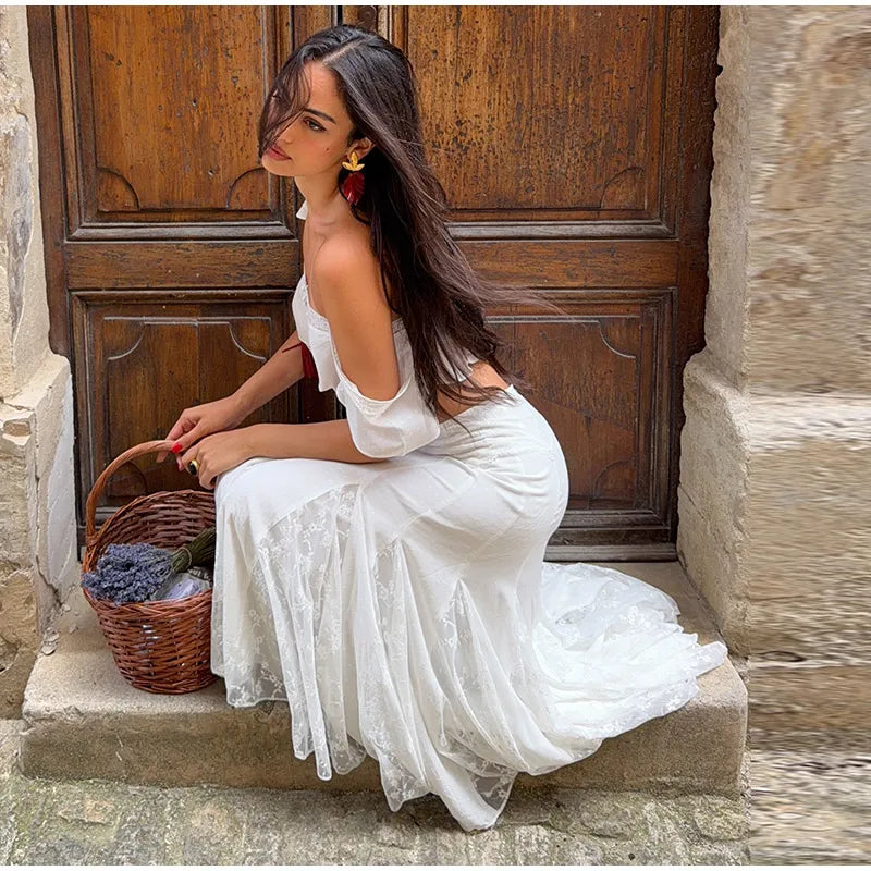 2026 Summer Fashion Square Neck Ruffled Crop Top & Pleated Midi Skirt 2-Piece Set Elegant Boho Resort Vacation Casual Outfits