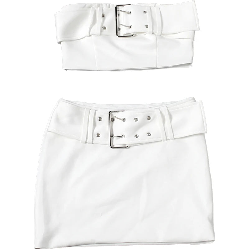 Cutenew Simple 2 Piece Set Women Metal Buckle Sexy Crop Tank Top+Mini Peach Hip Skirts Hottie Midnight Street Party Suits
