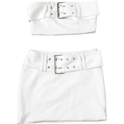 Cutenew Simple 2 Piece Set Women Metal Buckle Sexy Crop Tank Top+Mini Peach Hip Skirts Hottie Midnight Street Party Suits