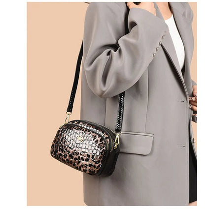 New 2025 Womens Small Messenger Bag PU Leather Shiny Shoulder Bag Fashion Saddle Bags Leopard Print Phone Purse Lipstick Storage