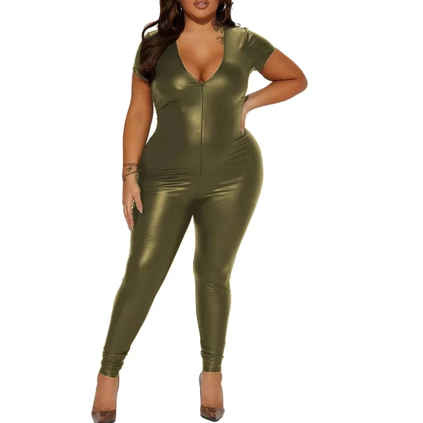 Deep V-neck Women Bodycon Jumpsuits Matte PU Leather Short Sleeve Skinny Zentai Ravely Party Club Stage Performance 8XL