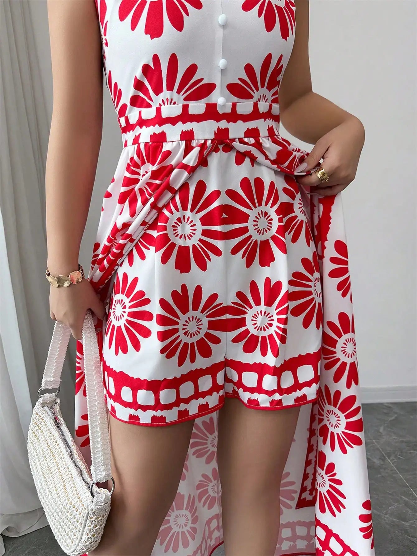 Women's Spring and Summer Beach Vacation Style Casual and Elegant Contrasting Color All-Over Retro Print Sleeveless Jumpsuit