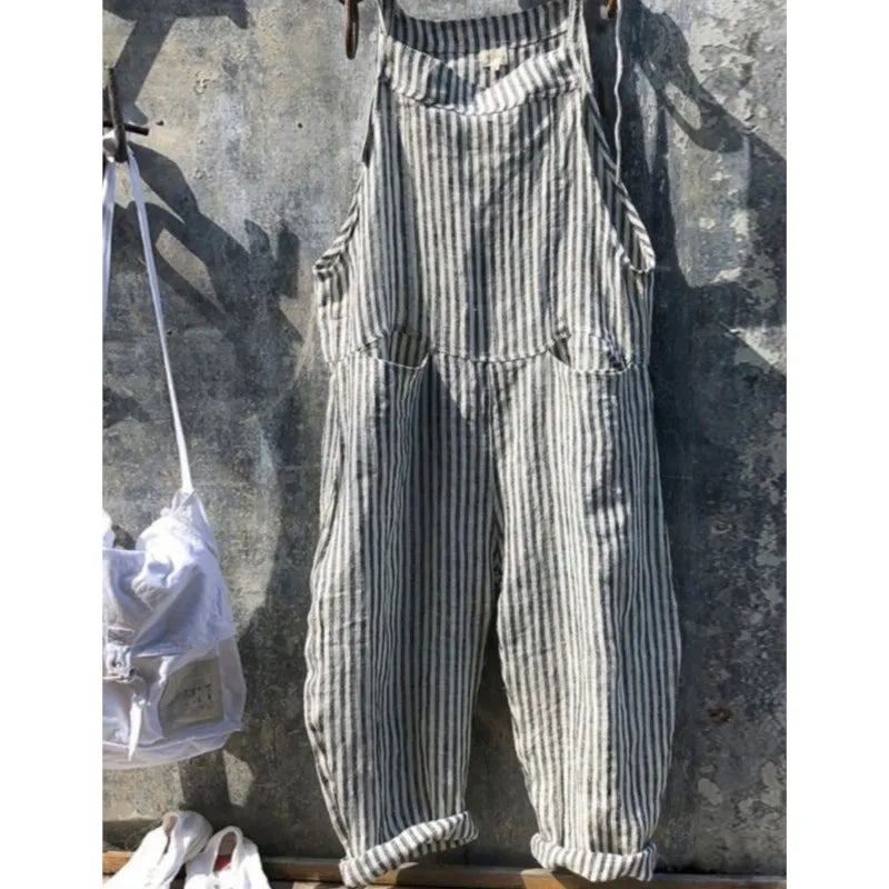 Women's Stripe Jumpsuits Cargo Pants Wide Leg Pants Trousers Multicolor Ethnic Bib Sleeveless Casual Loose Jumpsuit With Pockets