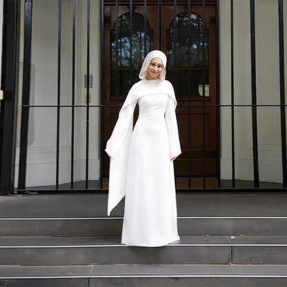 White Pearl Trim Cape Maxi Dress Women Elegant Long Sleeve Cinched Waist Muslim Robes 2026 Spring EID Abaya Lady Dresses