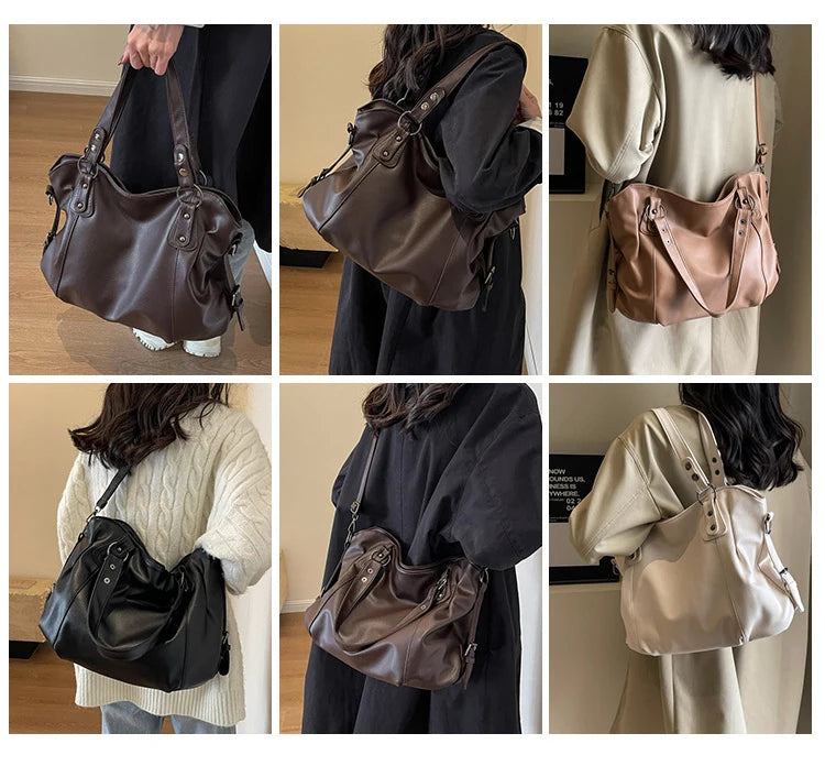 Ladies Large Capacity Brand Handbag Pu Leather Women's Retro Tote Bag Korean Fashion Shoulder Bag Winter White Zipper Handbag