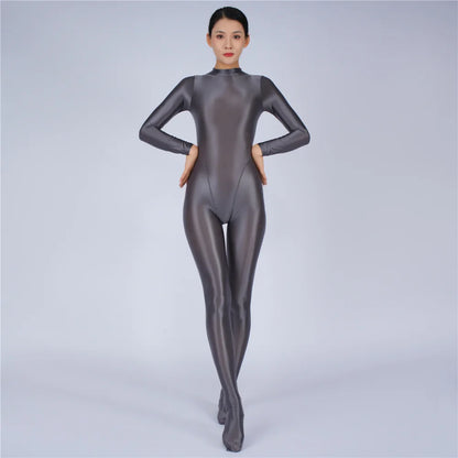 Sexy Women Yoga Shaper Tight Wear Oil Glossy Shiny Elastic Bodysuit Sheer See Through Rompers Jumpsuits Candy Color