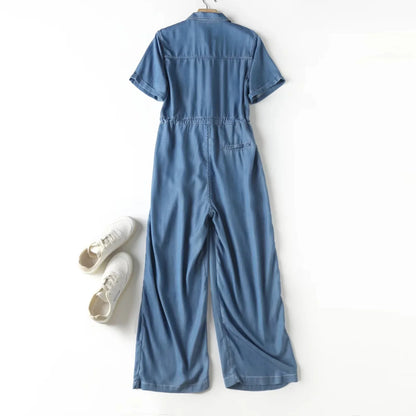 Jumpsuits Women Denim One Piece Turn Down Collar Short Sleeve Loose Casual Wide Leg Long Pants Overalls Tight Waist Rompers