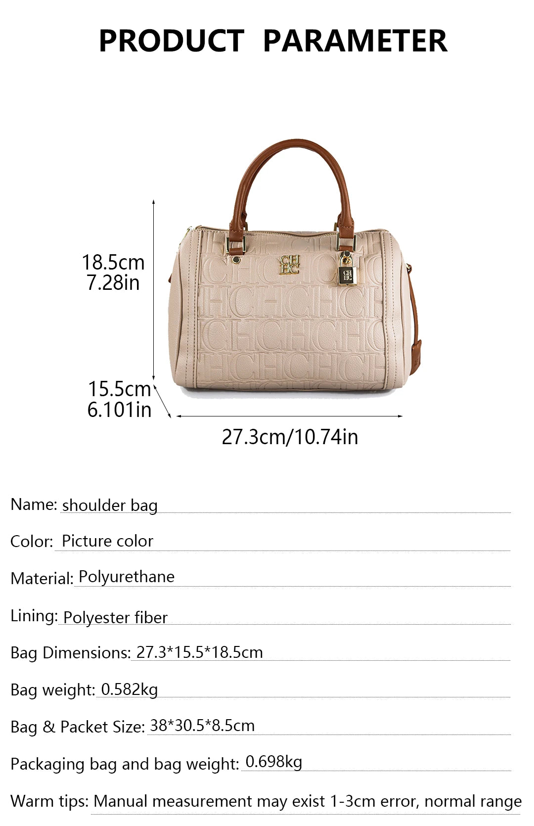 CH Boston Bag Women Metal Lock Handbag Double Top Handle Detachable Crossbody Strap Daily Travel Ladies Shoulder Purse