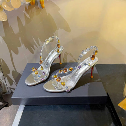 New silver rhinestone transparent straight strap sandals with slim heels and exposed toes, fashionable and stylish crystal shoes