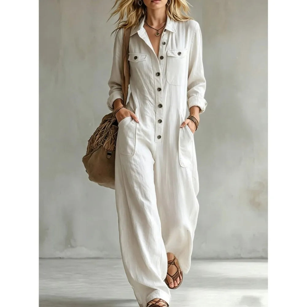 Autumn New Fashion Linen Single Breasted Double Pocket Women's Work Jumpsuit Casual Loose Vacation Female Rompers 2026