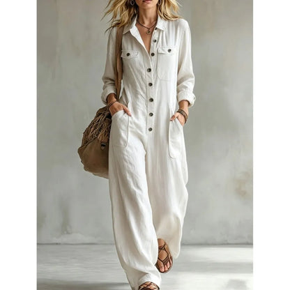 Autumn New Fashion Linen Single Breasted Double Pocket Women's Work Jumpsuit Casual Loose Vacation Female Rompers 2026