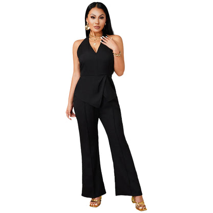 Summer Vacation Women V-neck Sleeveless Jumpsuit Office Lady Black Rompers Layered Bodysuit for Rave Work Party Daily Wear Club