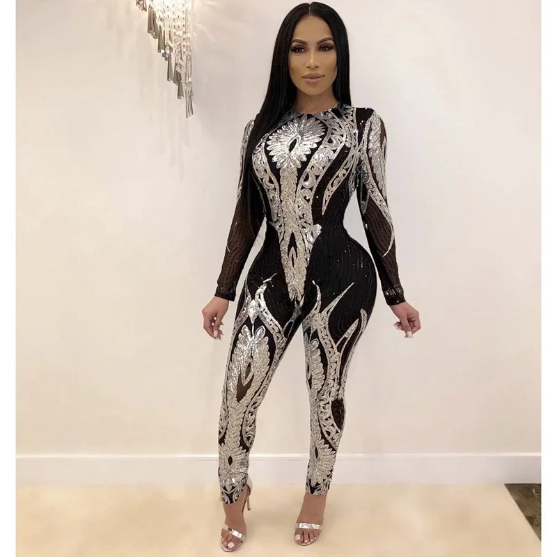 Sexy Gold Sequin Jumpsuit Women Bodycon Overalls Glitter Bandage Rompers Elegant Party Club lady Fashion Jumpsuits