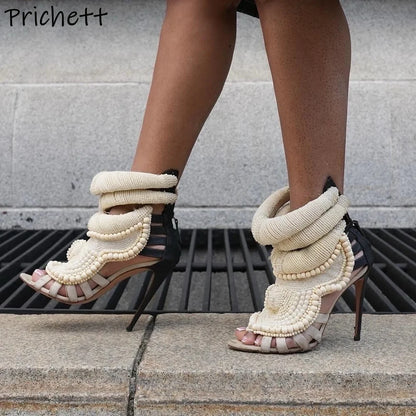Pearl Ankle Band Sandals Peep Toe Ankle Band Hollow Narrow Band Shoes Women Back Zipper Summer Elegant Luxury Party Sexy Shoes