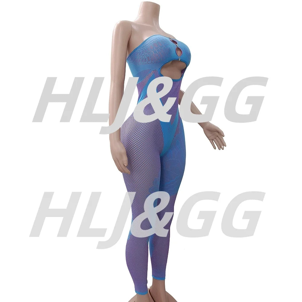 HLJ&GG Sexy Off Shoulder Hollow Out Bodycon One Piece Jumpsuits Women Sleeveless Backless Slim Playsuit Fashion Stretchy Overall
