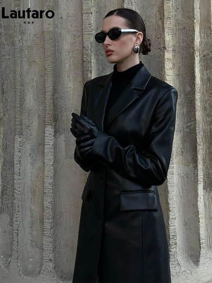 Lautaro Autumn Long Black Fitted Pu Leather Trench Coat for Women Shoulder Pads Single Breasted Luxury Elegant Blazer Overcoat
